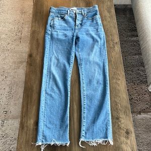 High waisted straight jeans with raw hem